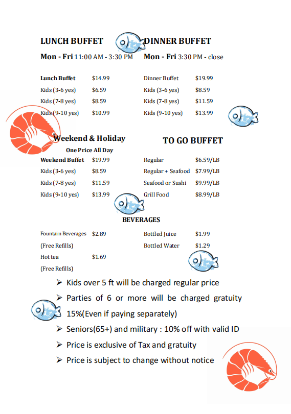 Hibachi Grill Buffet price list - lunch, dinner, weekend and to-go buffet prices
